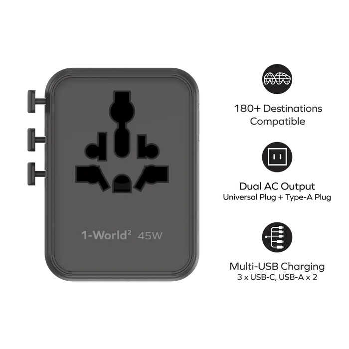 Momax 1-World² 45W 5-Port Dual AC Travel Adapter - Black Momax 1-World² 45W 5-Port Dual AC Travel Adapter - Black