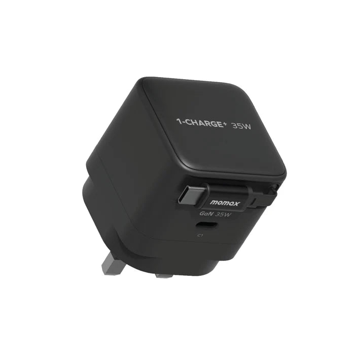 Black 1-Charge+ 1-Port GaN 35W charger with built-in USB-C cable, perfect for online shopping in Qatar with fast delivery.