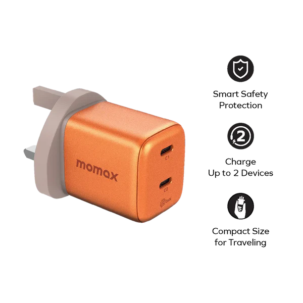 Momax 1-Charge 45W 2-Port GaN Charger - Orange Momax 1-Charge 45W 2-Port GaN Charger - Orange