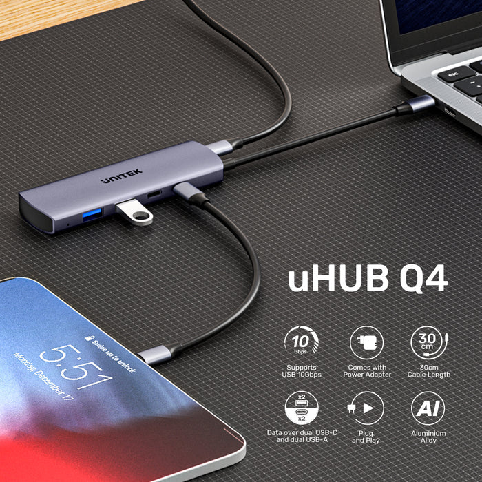 Unitek HUB Q4 4-in-1 10Gbps USB-C Hub with 2 USB-A & 2 USB-C Ports