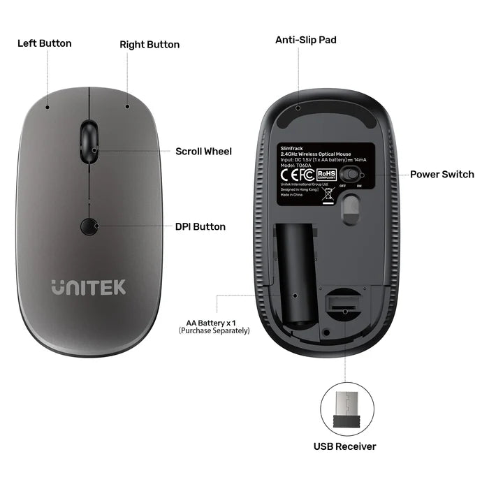 Unitek SlimTrack Wireless Mouse - Silver