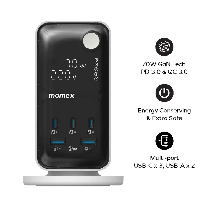 Momax 1-Charge 70W Work Flow 6-Outlet Digital Display Power Tower with USB - White
