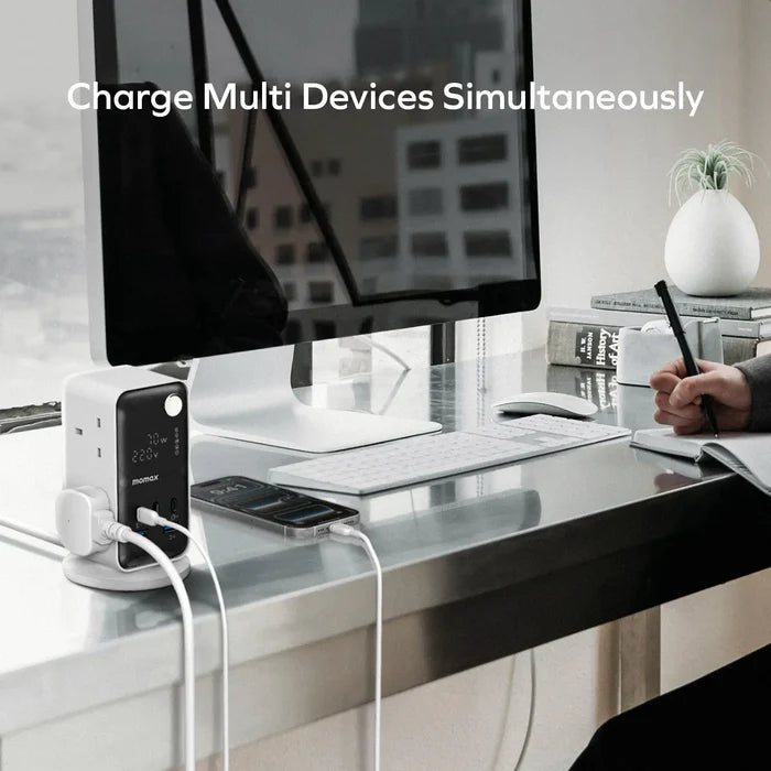 Momax 1-Charge 70W Work Flow 6-Outlet Digital Display Power Tower with USB - White
