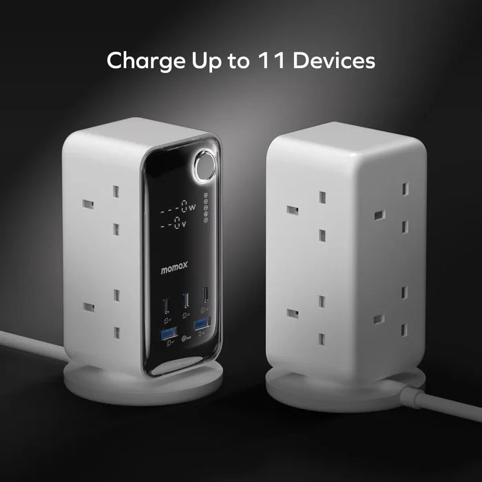 Momax 1-Charge 70W Work Flow 6-Outlet Digital Display Power Tower with USB - White