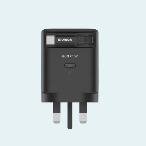 Momax 1-Charge GaN Travel Charger | 65W | GaN Technology | Built-In USB-C Cable | UM76UKD - Black