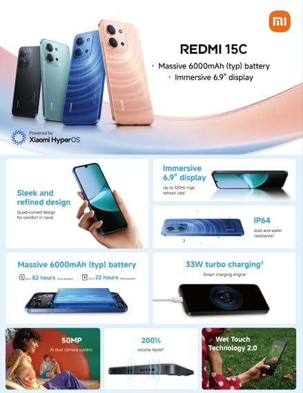 Redmi 15C smartphone in Twilight Orange – 4GB RAM, 128GB storage, stylish budget phone in Qatar.