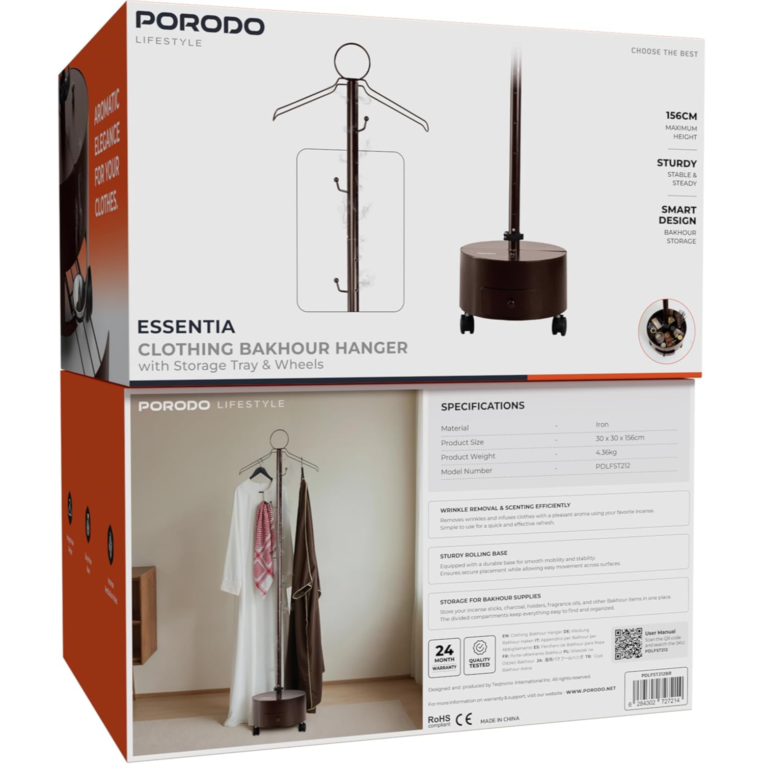 Porodo ESSENTIA Clothing Bakhour Hanger with Storage Tray & Wheels, 156cm Height, Hanger Hook Design, Easy-Move Base, Ventilation Holes, Sturdy Base, Bukhour Incense Burner Stand for Clothes (Brown) Porodo ESSENTIA Clothing Bakhour Hanger with Storage Tray & Wheels, 156cm Height, Hanger Hook Design, Easy-Move Base, Ventilation Holes, Sturdy Base, Bukhour Incense Burner Stand for Clothes (Brown)