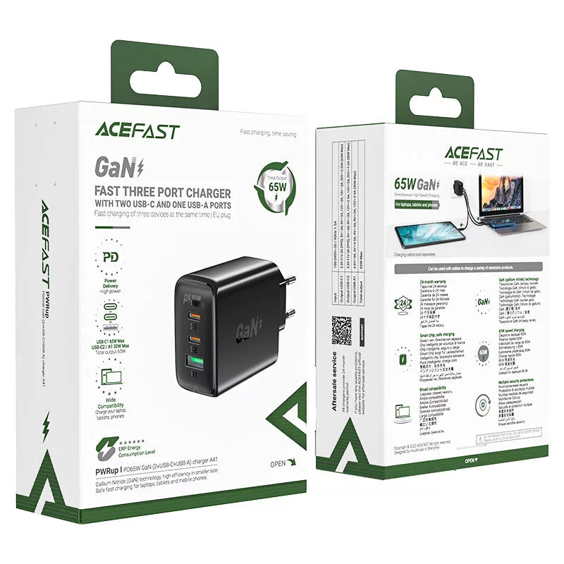 Acefast A44 GaN PD65W (2xusb-c+usb-a) charger- black/white Acefast A44 GaN PD65W (2xusb-c+usb-a) charger- black/white