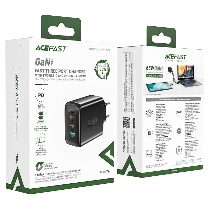 Acefast A44 GaN PD65W (2xusb-c+usb-a) charger- black/white
