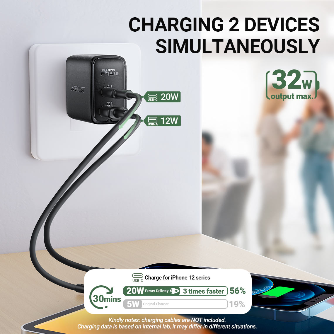 Acefast A8 PD32W(usb-c+usb-a) dual port charger- black