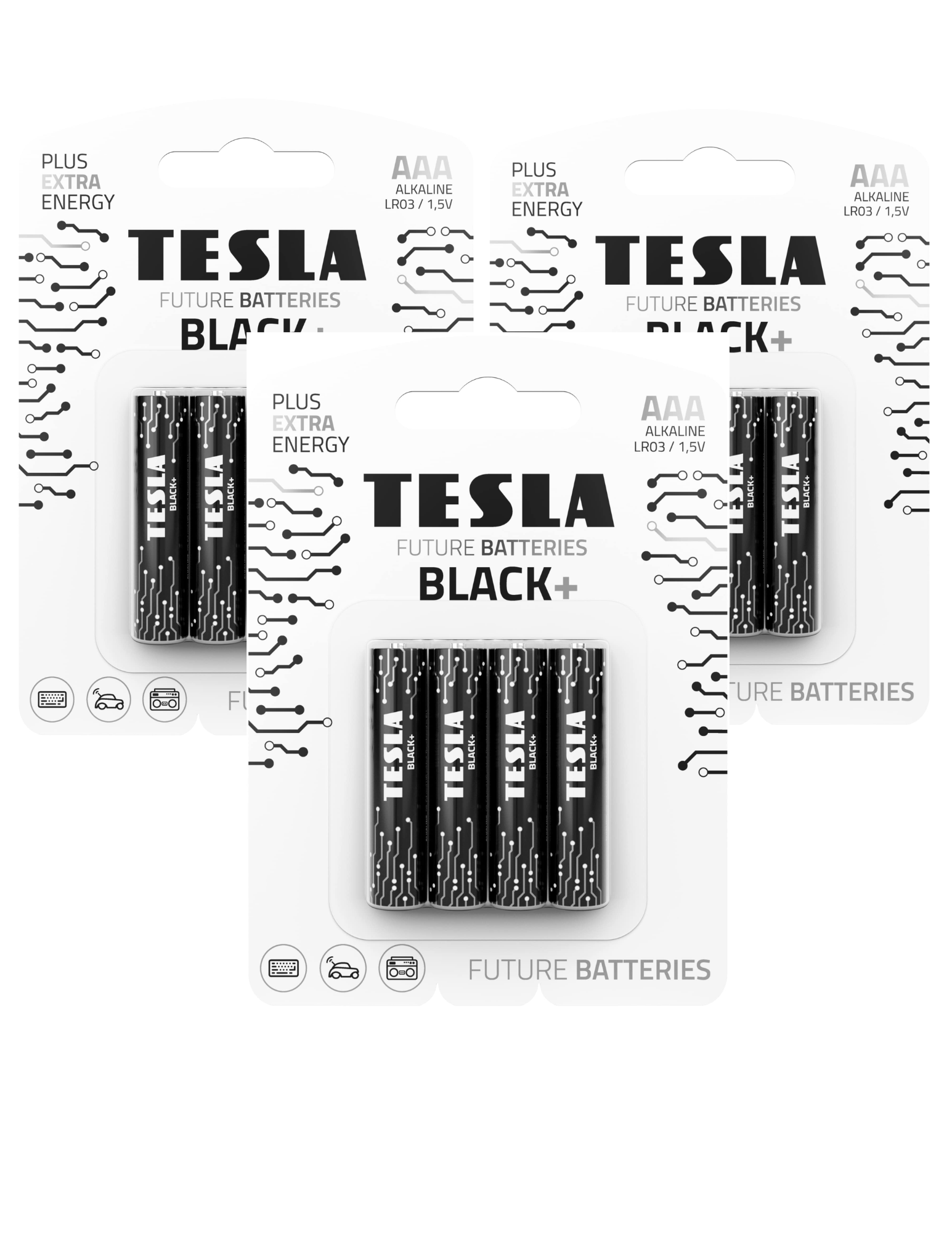 Tesla AAA Black+ LR3 1.5V Alkaline Battery 4pcs Set – Buy 2 Packs Get 1 Free offer, available for online delivery in Doha, Qatar.