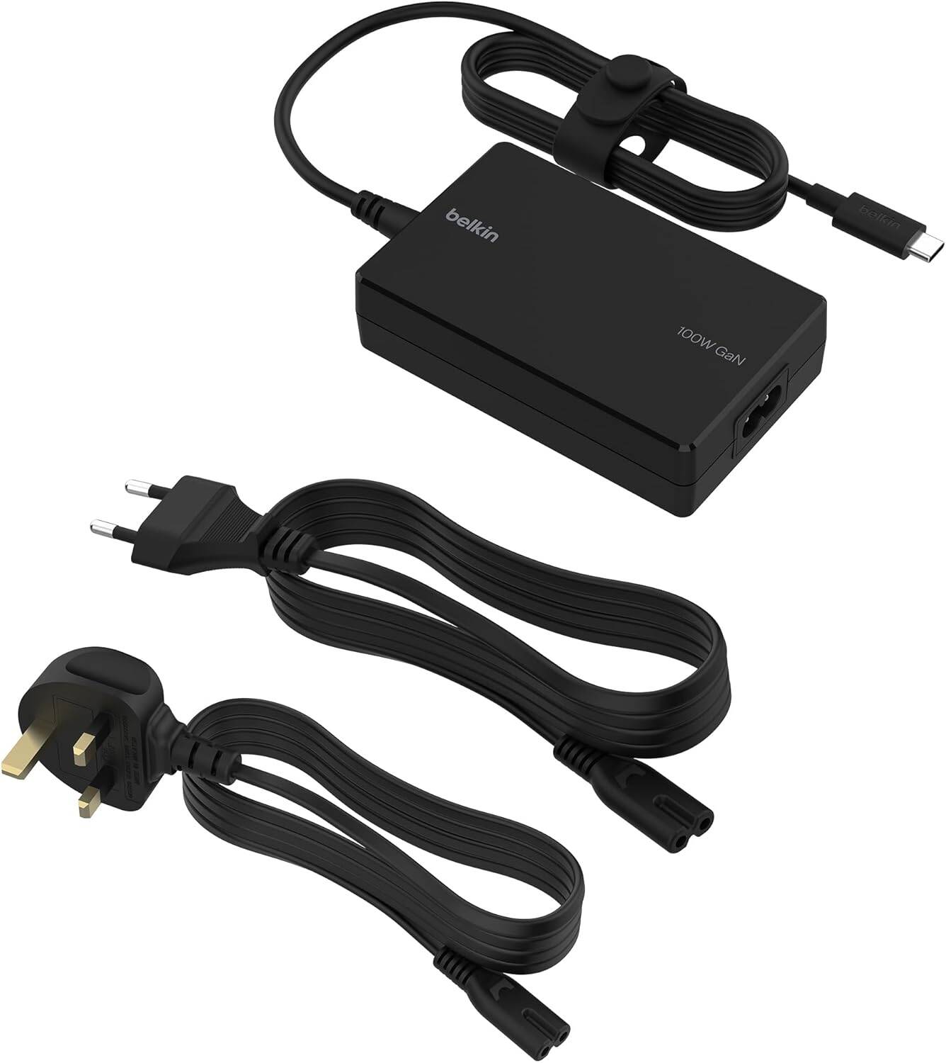 Belkin Connect USB-C Core GaN Laptop Power Adapter 100W in black, compact fast charger available in Qatar.