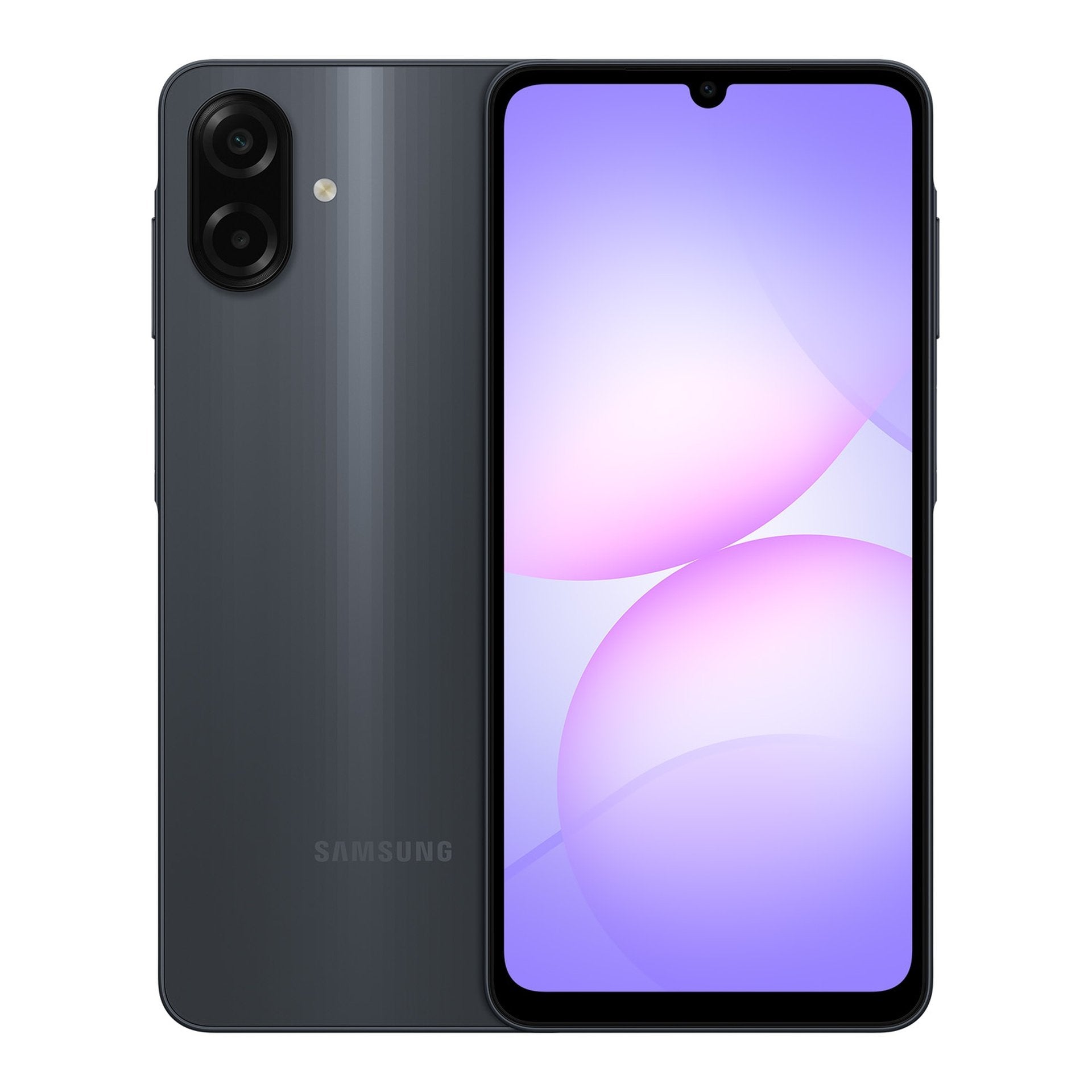 Samsung Galaxy A07 4G smartphone in black with 4GB RAM and 128GB storage, available in Qatar with sleek design and long battery life.