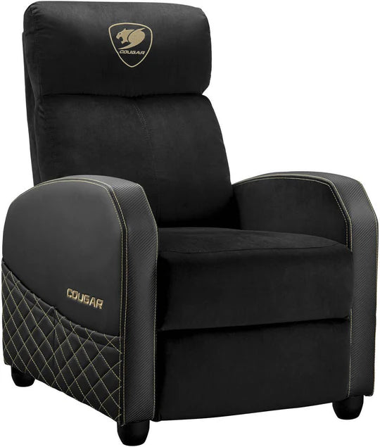 Cougar Ranger Elite Gold Gaming Sofa in Black/Gold with velvet fabric and side storage – ideal for gaming setups in Qatar.