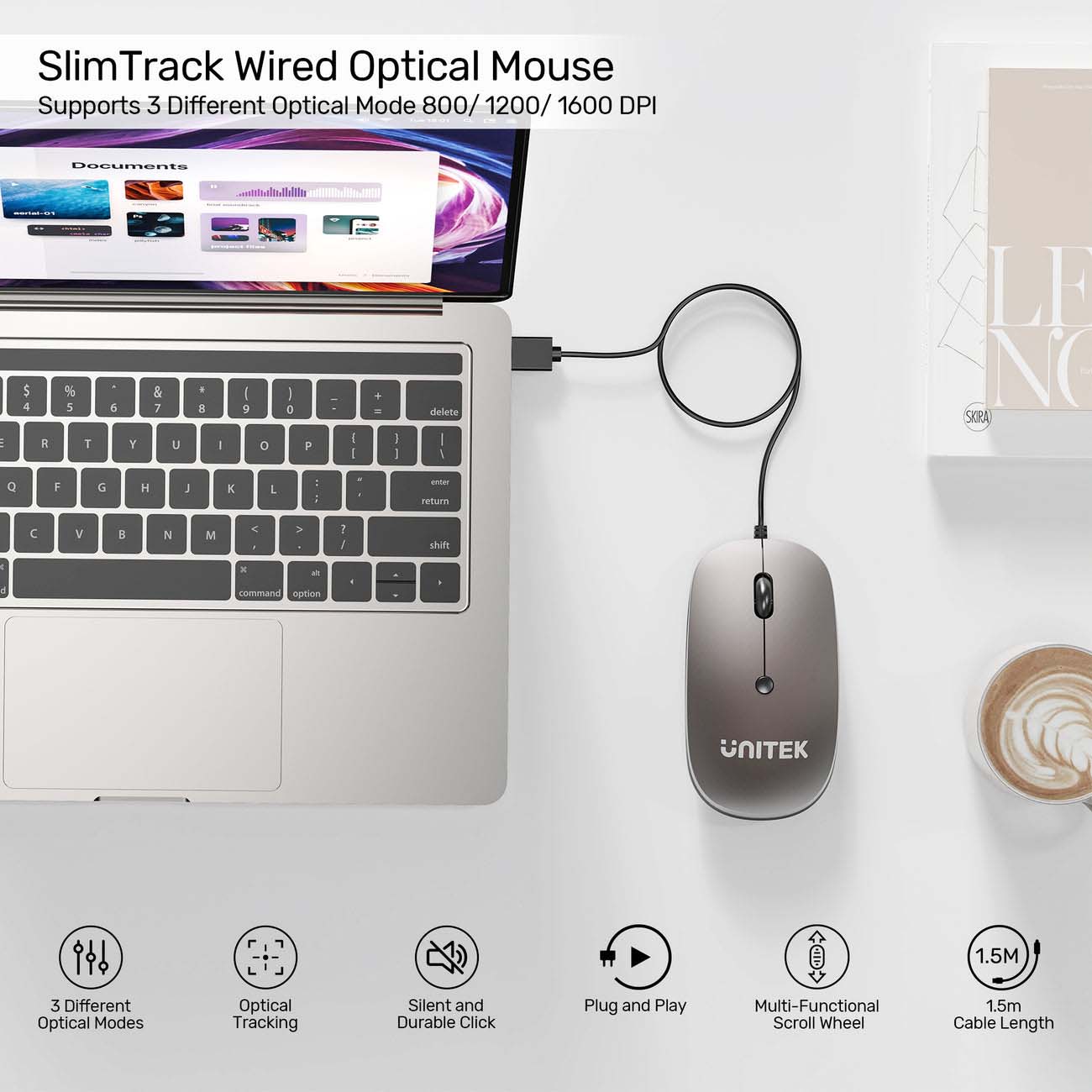 Unitek SlimTrack Wired Mouse - Adjustable 1600 DPI