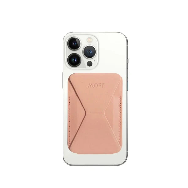 MOFT Phone Magnetic Stand with built-in wallet in Peach Pink, MagSafe compatible, available in Doha Qatar.