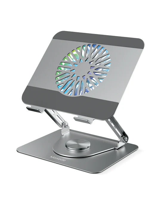Moxedo Aluminum Laptop/Tablet Stand with 360° rotatable base, adjustable foldable design – ergonomic stand for laptops and tablets in Qatar.