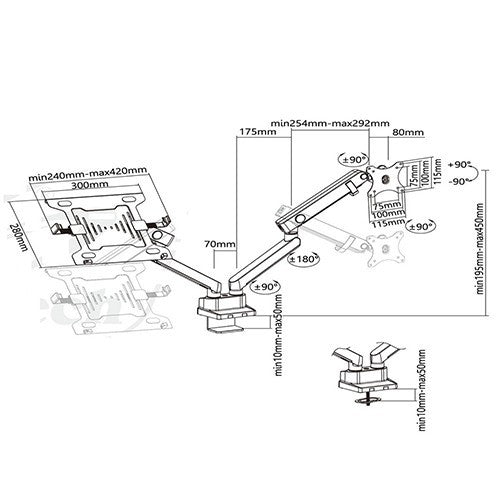 Skill Tech SH-20 C024ML Pole Mounted Gas Spring Monitor Arm with Laptop Holder
