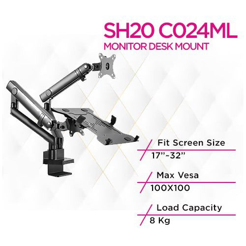 Skill Tech SH-20 C024ML Pole Mounted Gas Spring Monitor Arm with Laptop Holder