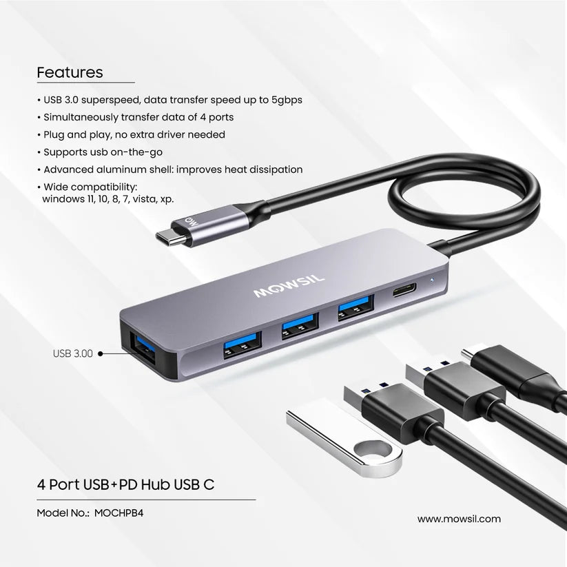 Mowsil USB-C to USB-A Hub 4-Port 5Gbps USB 3.0 with Power Delivery Aluminum