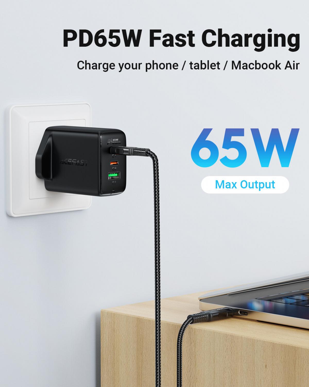 Acefast A44 GaN PD65W (2xusb-c+usb-a) charger- black/white