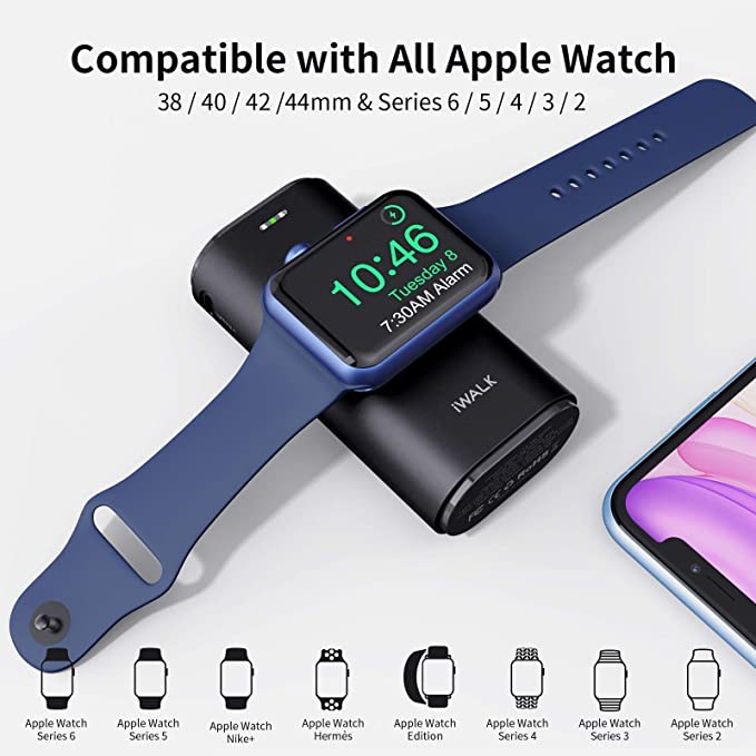 iWALK Portable Charger 9000mAh Ultra-Compact Power Bank with Built-in Cable and Portable Apple Watch Charger, 9000mAh Power Bank with Built in Cable, Apple Watch and Phone Charger