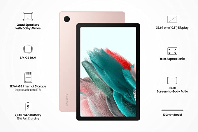 Samsung Galaxy Tab A8 26.69 cm (10.5 inch) Display, RAM 4 GB, ROM 64 GB Expandable, Wi-Fi+LTE Tablet, Pink Gold