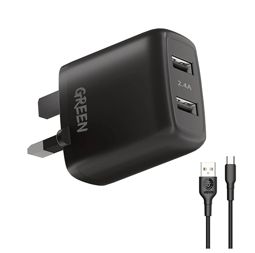 Green Lion Charger Dual USB Port Wall Charger 12W UK with PVC Type-C Cable – Black
